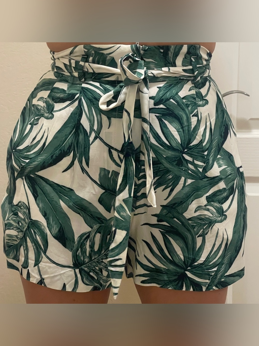 H&M Green and Cream Tropical Paperbag Shorts with Tie Waist